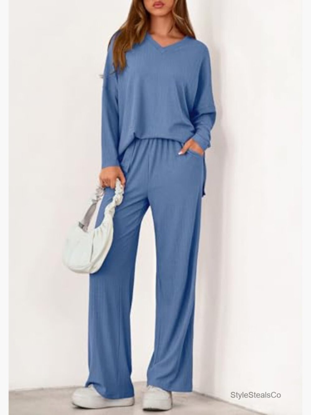 Women's Lounge Set with Soft Ribbed Knit Long Sleeve Top and Wide Leg Pants - Picture 2 of 7